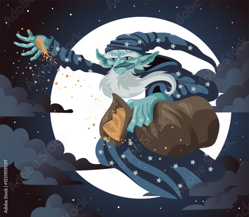 Photos sandman flying in the night with sand bag