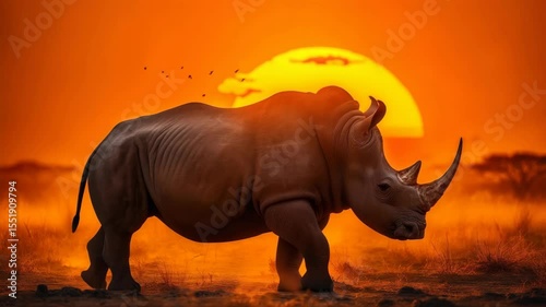 A powerful rhinoceros stands in profile under a vivid orange sky, surrounded by dry grass and dramatic natural lighting.