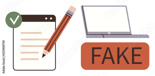 Checklist with a green checkmark, pencil, laptop, and FAKE label. Ideal for trust, validation, misinformation, online safety content review authenticity and education. A simple flat metaphor
