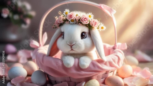 Adorable white rabbit wearing a floral crown sits in a soft pink Easter basket, surrounded by pastel eggs and petals.
