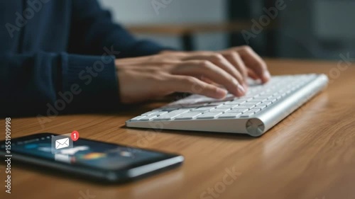 Hands are typing on a keyboard with a smartphone showing an email notification