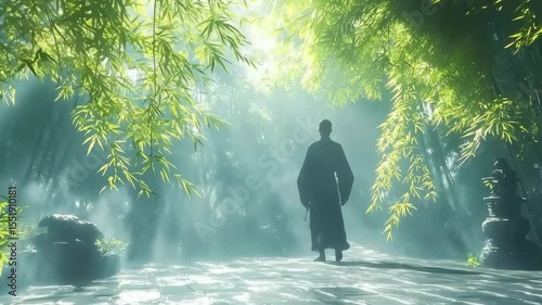 A solitary monk walks through a misty bamboo forest