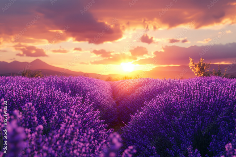 Fototapeta premium Sunset over lavender field.