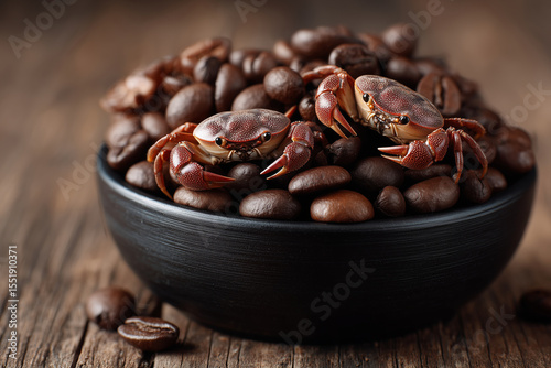 Two crabs nestled among coffee beans in a black bowl on a wooden surface creating a surreal scene
