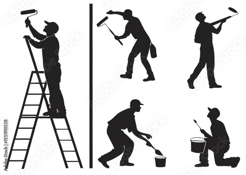 Silhouettes of Painters in Various Poses Painting Walls and Refilling Paint