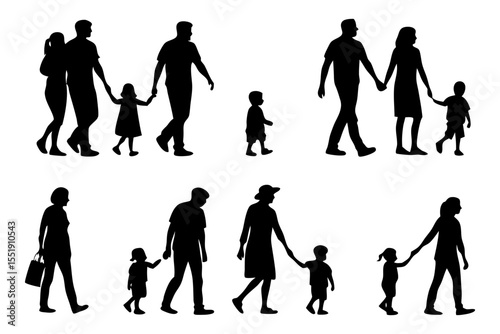 Family Silhouettes Walking Collection: A set of diverse family silhouettes, depicting parents and children walking hand-in-hand, showcasing different family dynamics and ages.