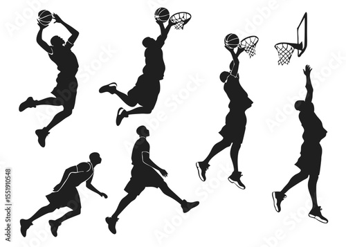 Silhouette of Basketball Players in Action Shooting Jumping and Dribbling the Ball