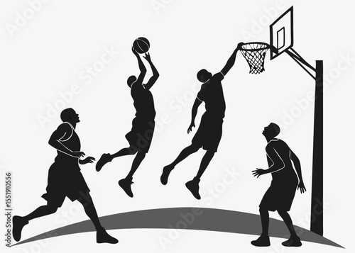 Silhouette of Basketball Players in Action Shooting Jumping and Dribbling the Ball