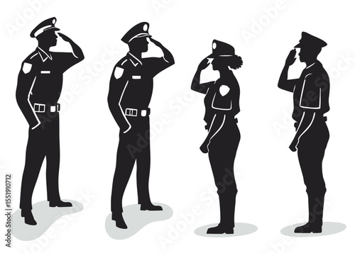 Silhouette Illustration of Four Police Officers Saluting in Uniform with Hats and Badges