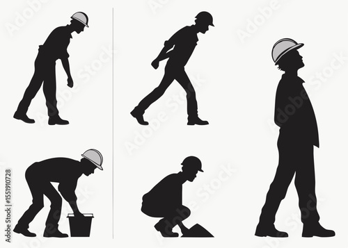 Silhouettes of Construction Workers in Various Poses Wearing Hard Hats on White Background