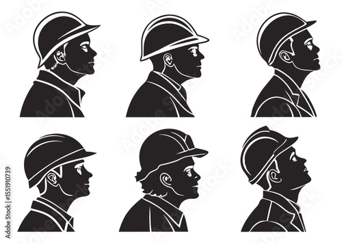 Silhouetted Construction Workers A Collection of Diverse Profiles Wearing Hard Hats in Black and White