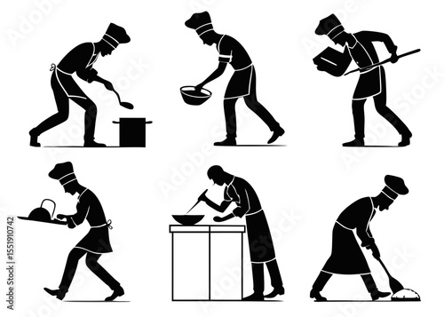 Silhouette Illustrations of Chefs Performing Various Culinary Tasks in a Kitchen Setting collection