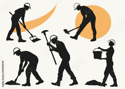 Silhouetted Construction Workers Performing Various Tasks with Tools on a White Background collection