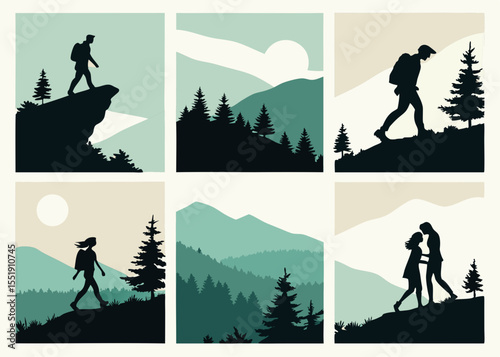 Six Nature Scene Silhouettes Hiking Mountains Trees and a Couple Embracing on a Hillside