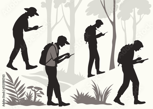 Silhouetted Individuals Navigating Forest with Technology and Backpacks Exploring Nature with Digital Tools