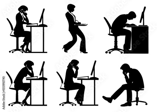 Silhouette Illustrations of People Working in an Office Environment with Computers and Telephones