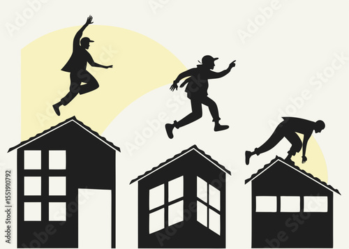 Silhouette Figures Leaping Across Rooftops with Yellow Semi Circles in the Background Three
