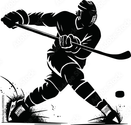 Ice hockey player vector silhouette. Hockey player shoots the puck on goal, isolated silhouette. Shooting hockey player