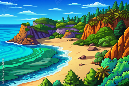 Wild untouched beach bordered by dense jungle cliffs vector cartoon, perfect for tropical paradise themes, adventure travel designs, and exotic nature scenes