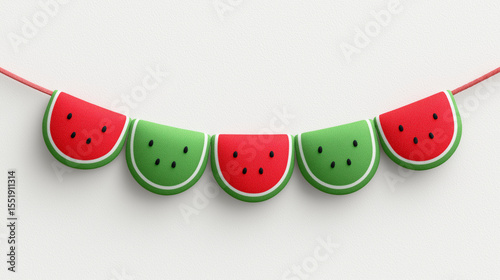A festive banner featuring watermelon slices suspended against a clean white backdrop display party decor