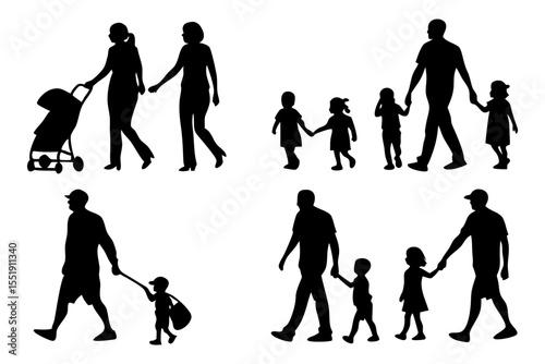 Family silhouettes: Captured in a series of black silhouette, a visual narrative of family walks and everyday moments, conveying the essence of unity and the journey of parenthood. 
