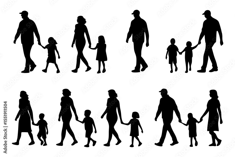Fototapeta premium Silhouette Family: A collection of silhouetted images depicts various families walking together, symbolizing unity, togetherness, and the bond of family life.
