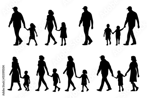 Silhouette Family: A collection of silhouetted images depicts various families walking together, symbolizing unity, togetherness, and the bond of family life.