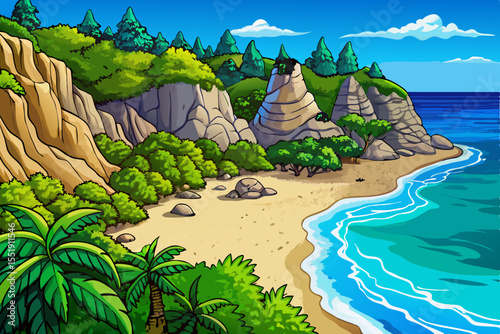 Wild untouched beach bordered by dense jungle cliffs vector cartoon, perfect for tropical paradise themes, adventure travel designs, and exotic nature scenes
