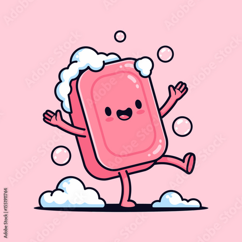 Happy soap character bouncing with bubbles a fun cartoon illustration