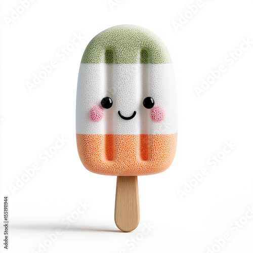A whimsical popsicle with a cheerful face and tricolor design on a clean white background in studio shot