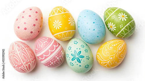 Collection of beautifully decorated easter eggs in pastel colors arranged on a white background