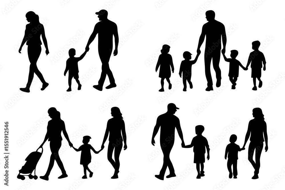 Fototapeta premium Family silhouettes walking together: a collection of silhouetted images featuring parents and children strolling hand-in-hand. Depicting family bonds, togetherness, and outdoor activities.
