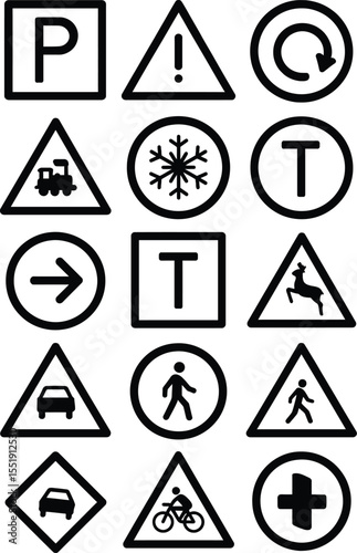A vector set of yellow triangle road signs and traffic symbols warning of danger, high voltage, and other street hazards