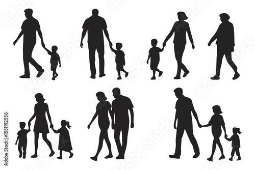 Family Walk Silhouette: A series of silhouettes depicts families and parent-child pairs, holding hands and walking together, conveying themes of togetherness and love.