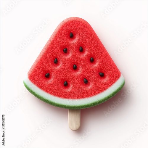 A watermelon shaped popsicle with black seeds and a green rind on a light background image view