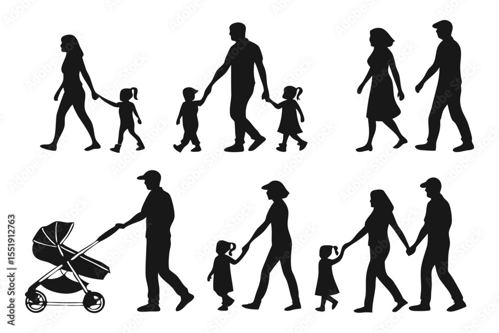 Obraz premium Family Silhouette: A collection of family silhouette, a simple yet profound portrayal of love, support, and unity, symbolizing the essence of a loving family and their journeys together.