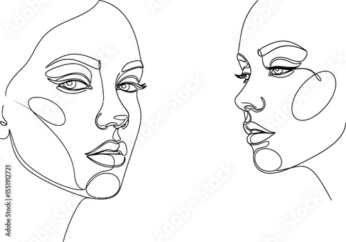 Continuous Line Art of Two Female Faces, Minimalist Portrait Drawing Style Design