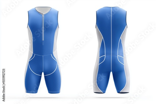 A blue athletic bodysuit mockup with a zippered front and white accents, designed for sports or fitness activities. The suit features a modern, sleek design suitable for competitive wear.
