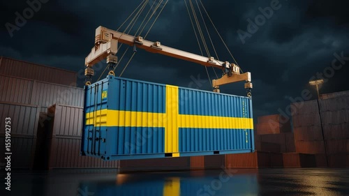 A large freight container painted with the Swedish flag is suspended by crane in a busy cargo port under dramatic skies.