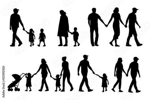 Family silhouettes: A diverse collection of silhouettes depicting parents and children engaged in moments of family bonding, evoking themes of love, care, and togetherness.
