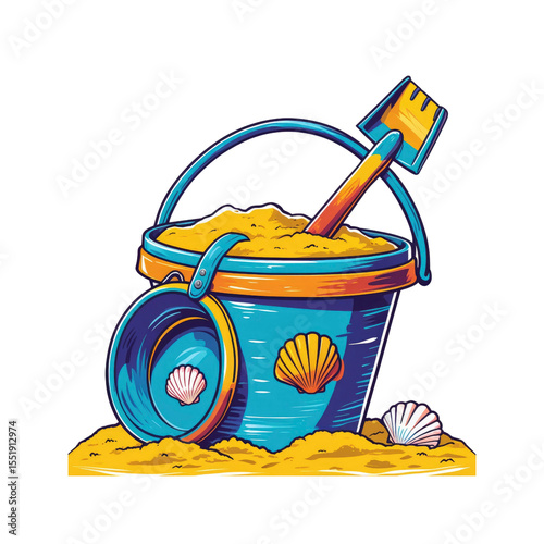 Vibrant Summer Beach Bucket and Shovel Illustration