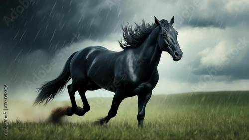 A powerful black horse runs full speed across a grassy field during heavy rain, with mane flowing and dramatic sky overhead.