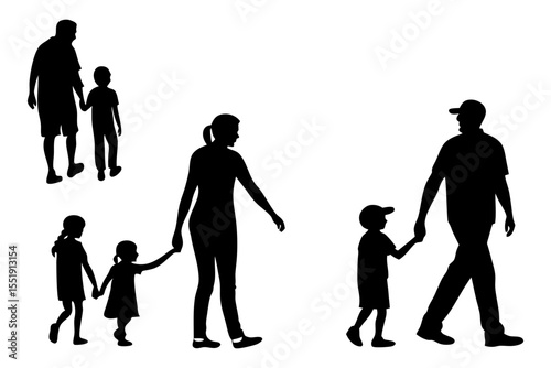 Family walk silhouettes: The shadows of parents and children engage in simple walks, capturing the warmth and bond of familial connection and the joy of togetherness.