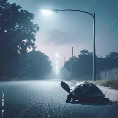 A lone turtle makes its way along an empty, misty road illuminated by streetlights, creating a quiet and contemplative scene.