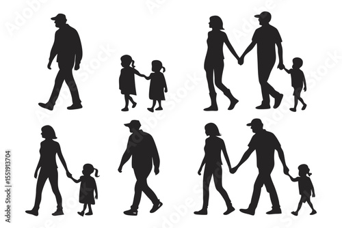 Family Silhouettes Walking: A collection of six diverse family silhouettes depict parents and children walking together, showcasing various family dynamics in a simple yet expressive graphic design.