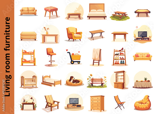 Collection of living room furniture icons in a flat design style  