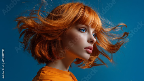 Portrait of a woman with red hair and blue eyes against a vibrant blue background in a studio shot