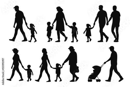 Families on the Move: Silhouette illustrations showcase diverse family dynamics, from parents with children to strollers and multi-generational pairings. conveying unity and connection.