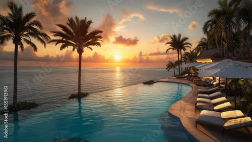 A luxurious infinity pool overlooks the ocean at sunset, lined with palm trees and loungers in a tropical resort.