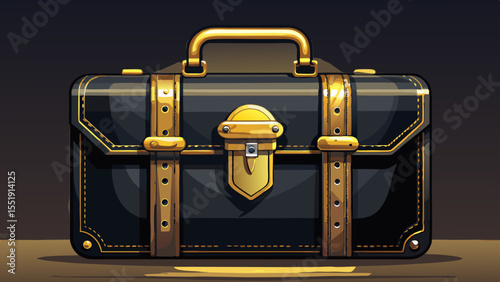 Classic black leather briefcase with gold accents on a black background.